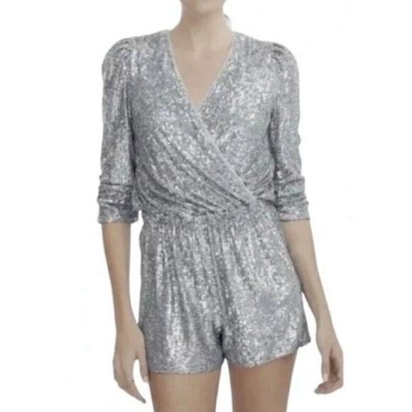 NWT Generation Love Allegra Sequined Faux Wrap Jumpsuit Silver Small - Picture 2 of 6